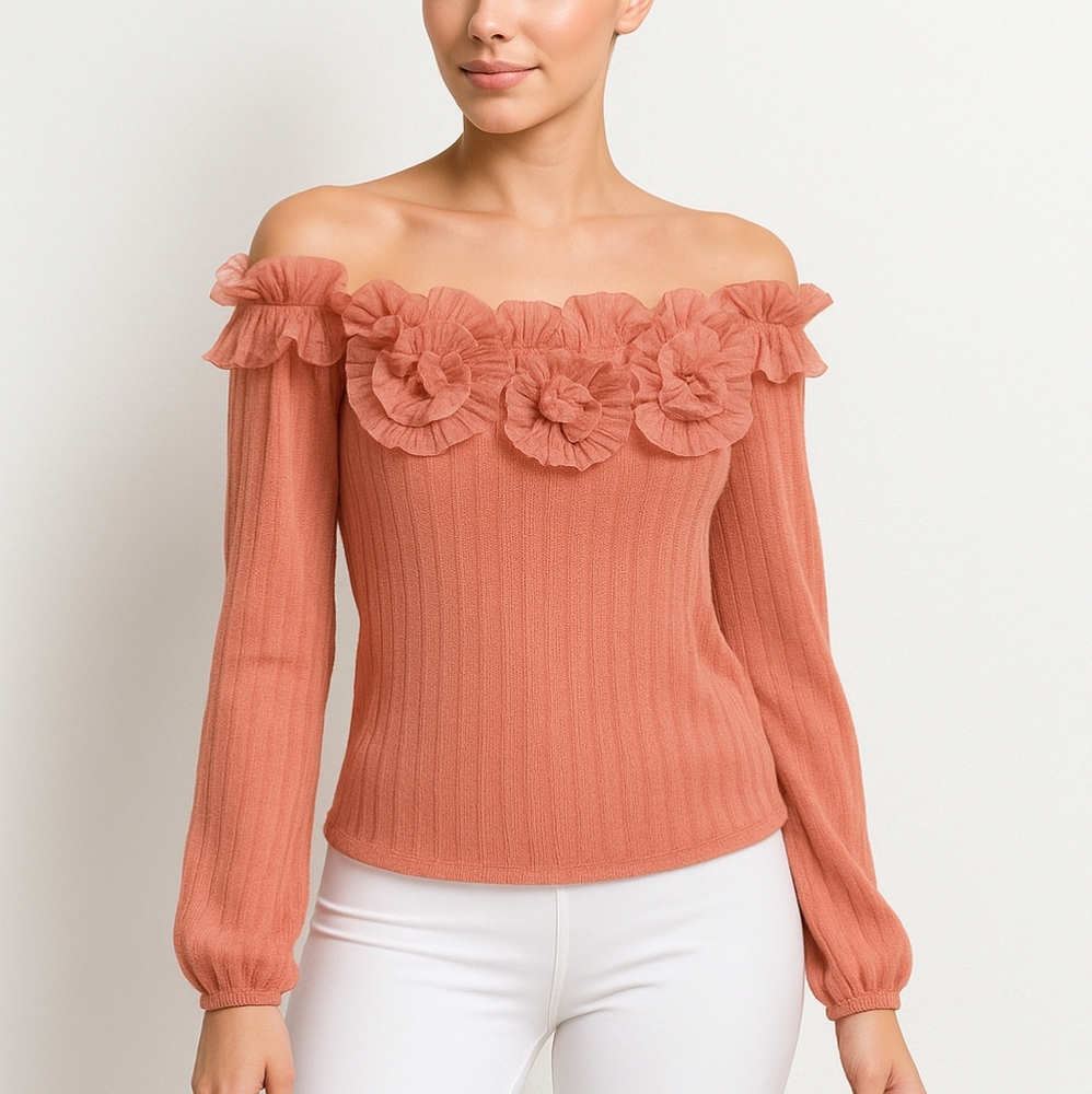 By Stella XL Loose Knit Off Shoulder 3D Floral Wool Blend Flawed Sweater Balloon